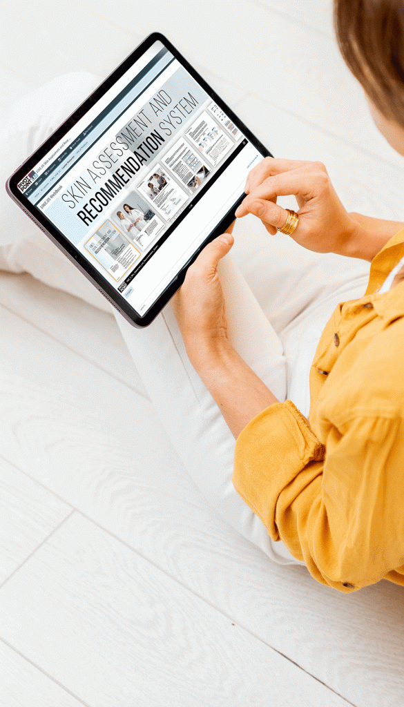 Woman with iPad looking up Skin Assessment